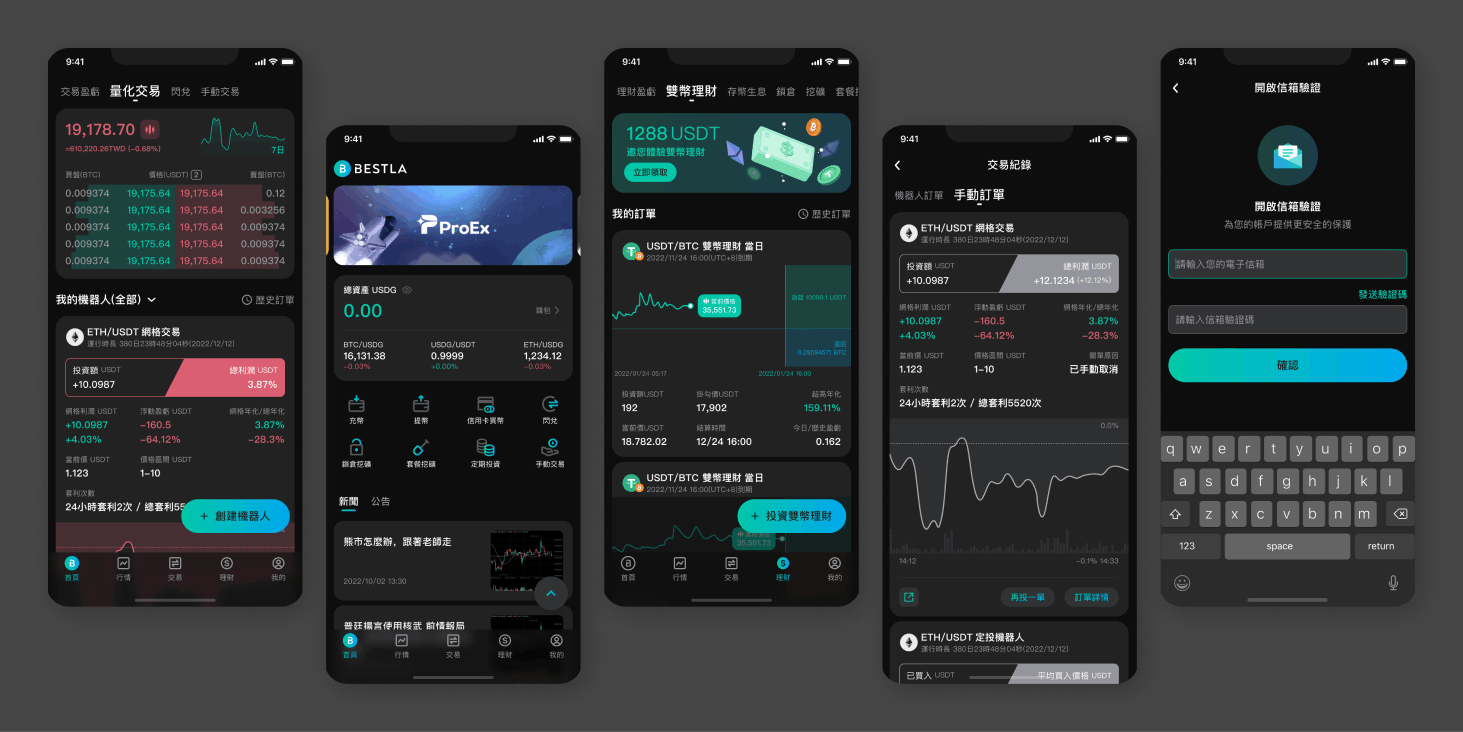「BESTLA ─ 加密金融聚合管理平臺」深色模式設計畫面